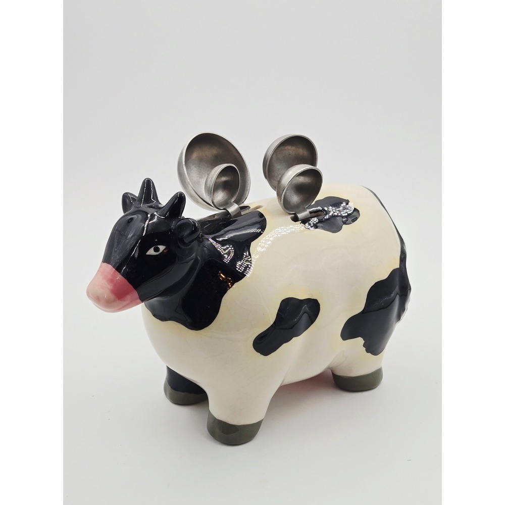 Vtg Ceramic Cow Measuring Spoon Holder with 4 Stainless Steel Spoons Black White